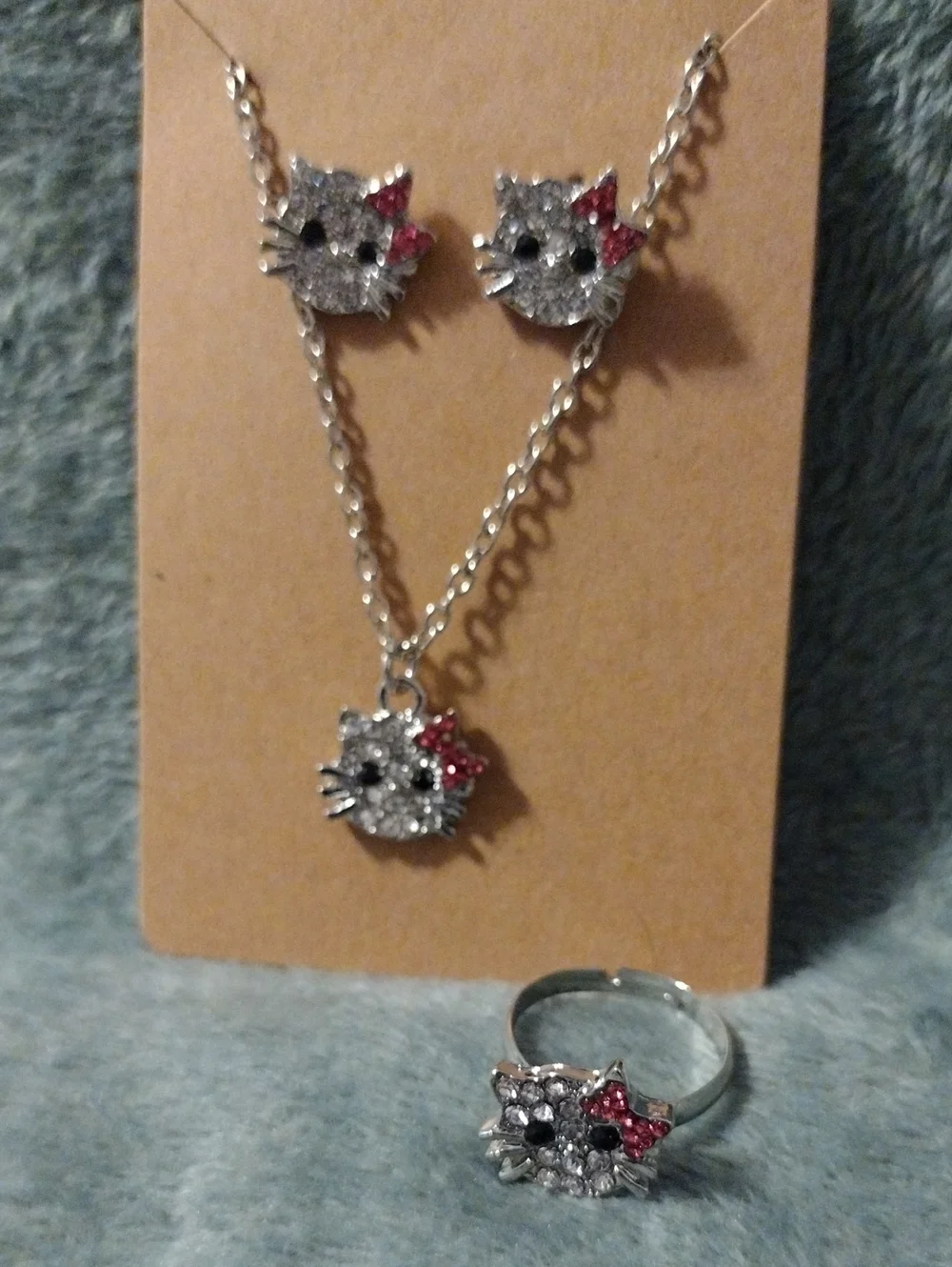 Hello Kitty Inspired Crystal Jewelry Set (Necklace, Earrings & Ring)